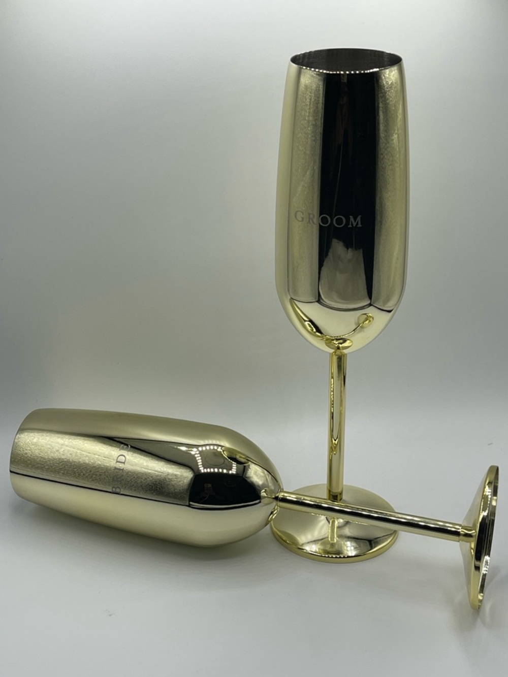Style Me Pretty 'Bride & Groom' Gold Metal Toasting Flutes - Designed in the USA